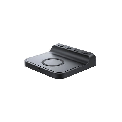 Black wireless charging pad on a white background