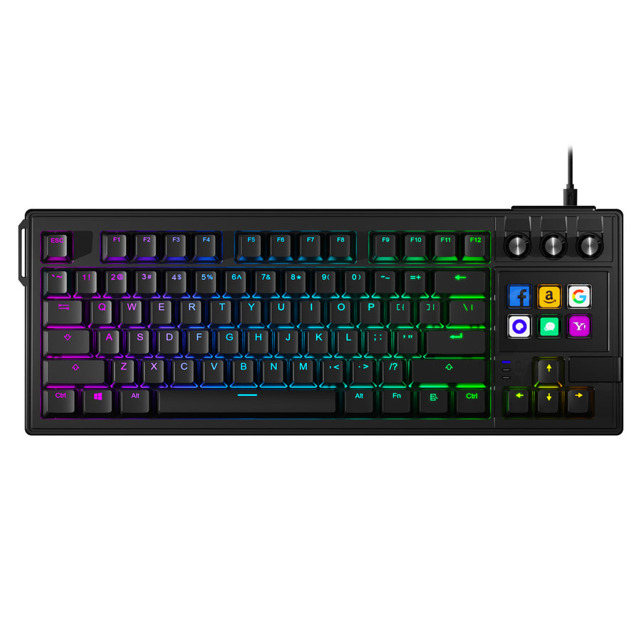 Gadget Time LCD AI RGB Stream‑Deck Mechanical Keyboard (6 LCD Keys, 3 Knobs, Hot‑Swappable) Mechanical keyboard with RGB lighting on a white background