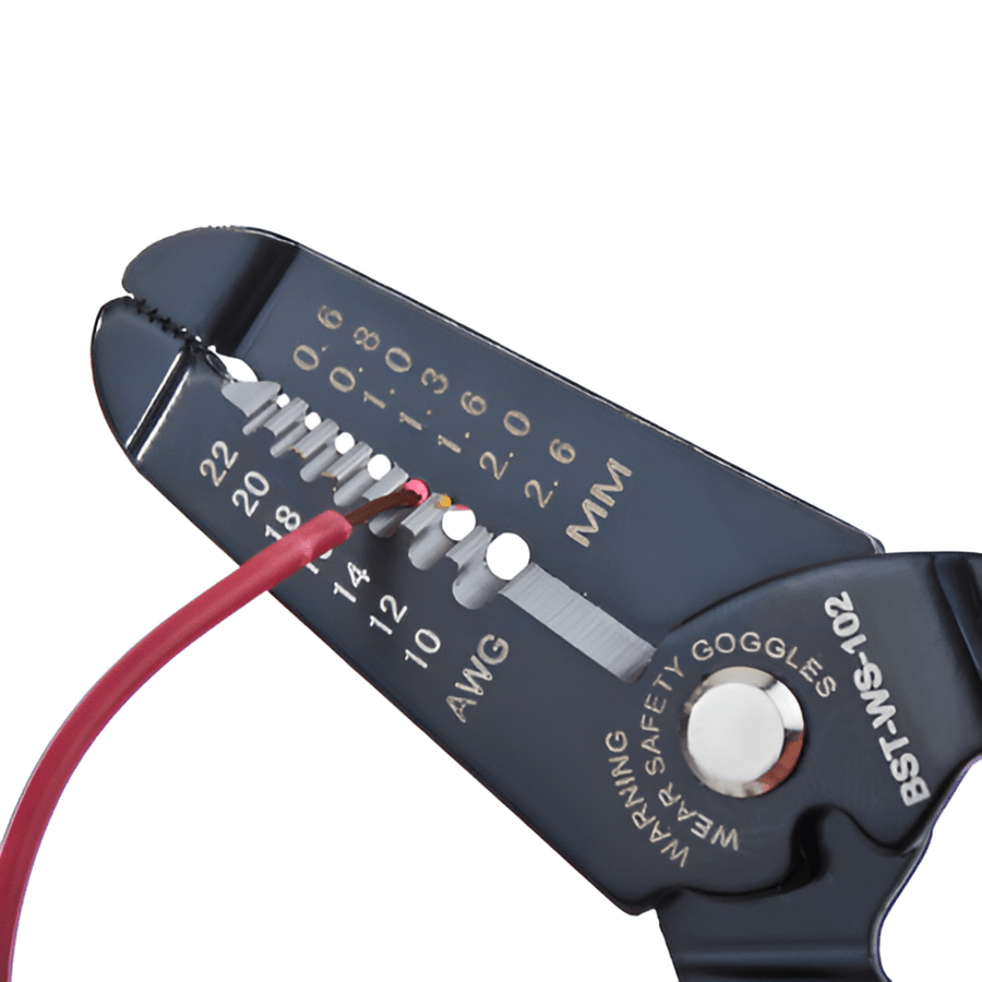 A black Jakemy wire stripper with a numeric keypad, red and white wires, and a stainless steel spring coil.