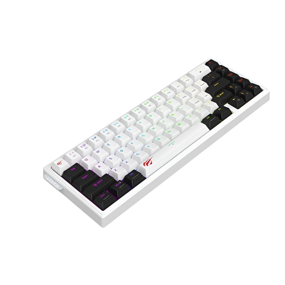 Mechanical keyboard with white frame and black and purple keycaps on a white background