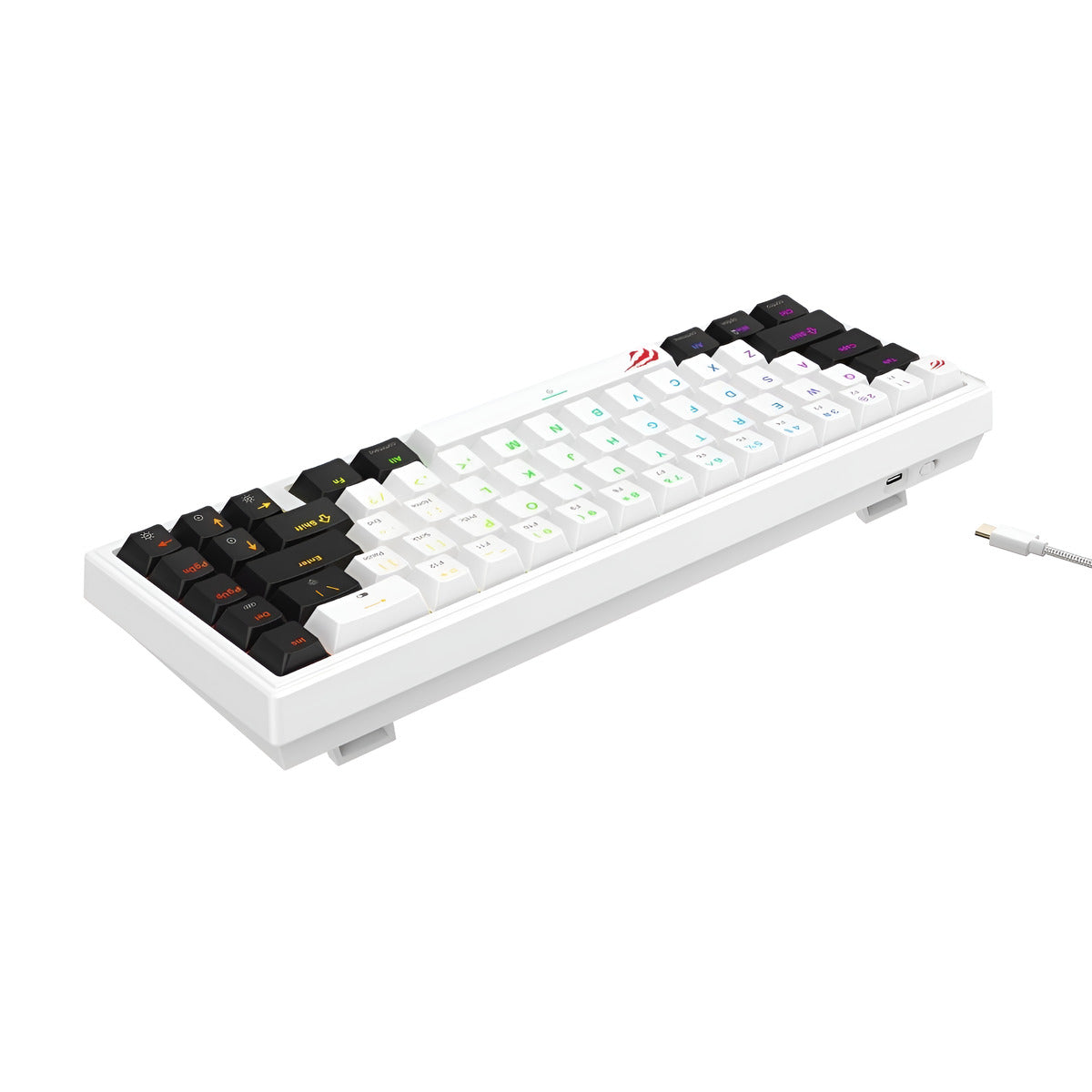 Mechanical keyboard with white frame and black keys on a white background