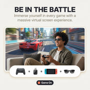Rokid Hub USB‑C Adapter (Pass‑Through Charging, Switch Dock Mode, Dual USB‑C Out) Person playing video games with text 'Be in the Battle' and gaming accessories displayed.