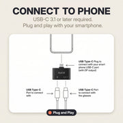 Rokid Hub USB‑C Adapter (Pass‑Through Charging, Switch Dock Mode, Dual USB‑C Out) Diagram of a USB Type-C adapter with connections to a smartphone and glasses, featuring the brand 'Rokid'.