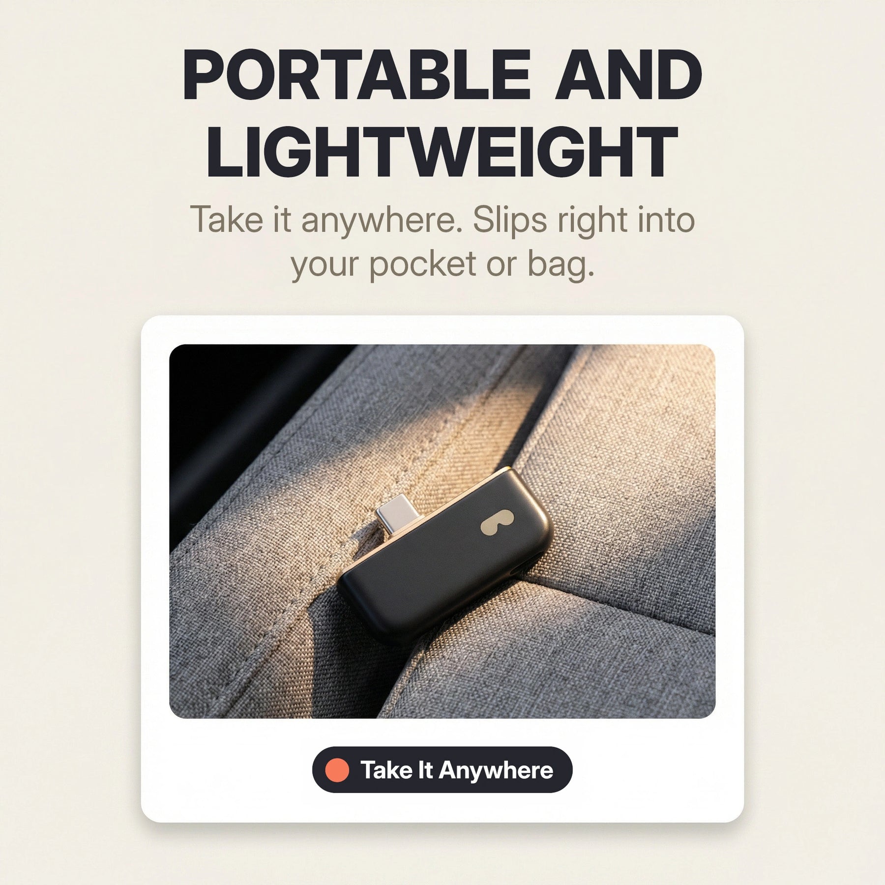 Rokid Hub USB‑C Adapter (Pass‑Through Charging, Switch Dock Mode, Dual USB‑C Out) Small electronic device on a pocket with text about portability and weight.