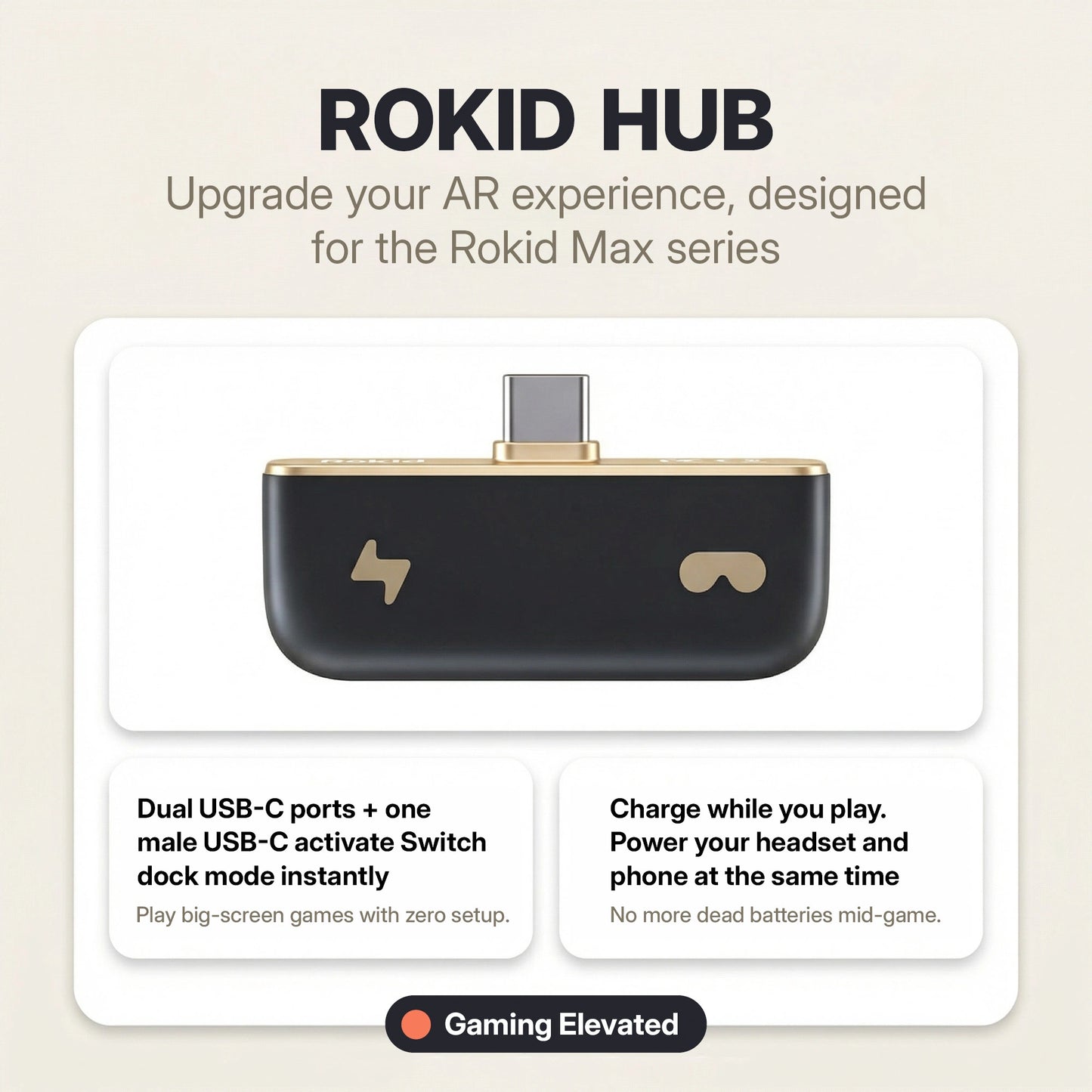 Rokid Hub USB‑C Adapter (Pass‑Through Charging, Switch Dock Mode, Dual USB‑C Out) ROKID Hub device with text on a beige background