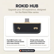Rokid Hub USB‑C Adapter (Pass‑Through Charging, Switch Dock Mode, Dual USB‑C Out) ROKID Hub device with text on a beige background