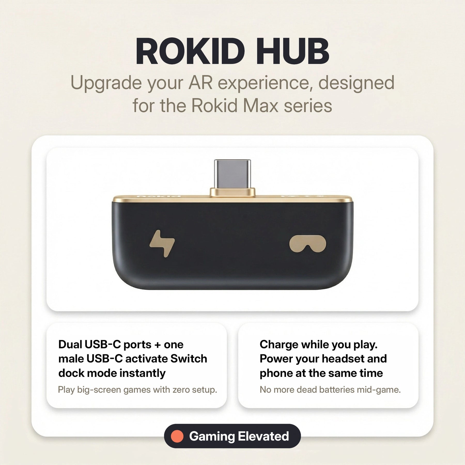 Rokid Hub USB‑C Adapter (Pass‑Through Charging, Switch Dock Mode, Dual USB‑C Out) ROKID Hub device with text on a beige background