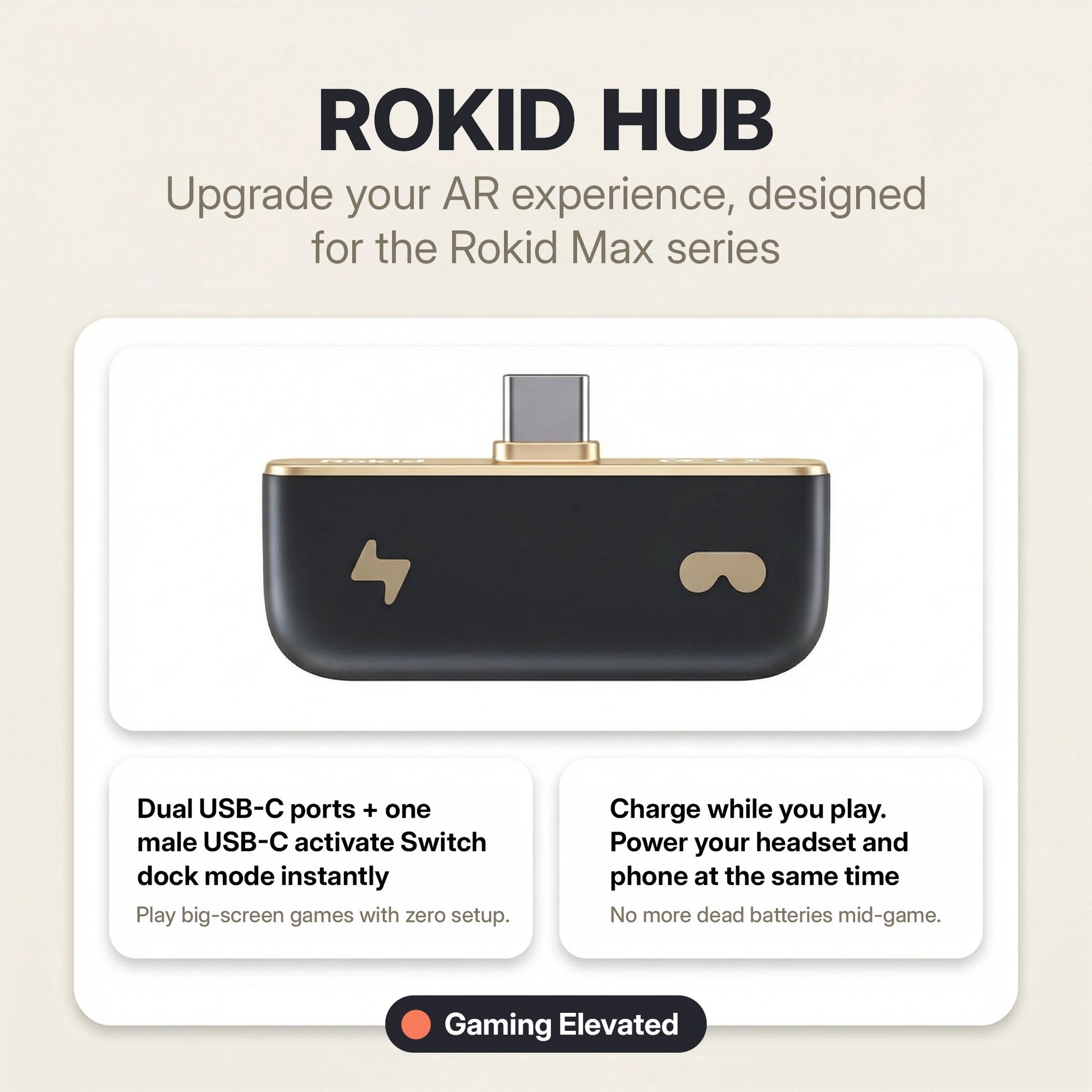 Rokid Hub USB‑C Adapter (Pass‑Through Charging, Switch Dock Mode, Dual USB‑C Out) ROKID Hub device with text on a beige background