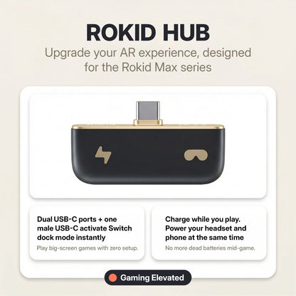 Rokid Hub USB‑C Adapter (Pass‑Through Charging, Switch Dock Mode, Dual USB‑C Out) ROKID Hub device with text on a beige background