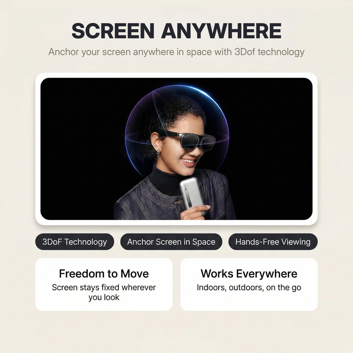 Rokid Station 2 Spatial Computing Hub (3‑Screen AR, Snapdragon 6 Gen 1, 5000mAh) Advertisement for 3Dof technology screen anchor with a person using a smartphone.