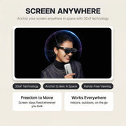 Rokid Station 2 Spatial Computing Hub (3‑Screen AR, Snapdragon 6 Gen 1, 5000mAh) Advertisement for 3Dof technology screen anchor with a person using a smartphone.