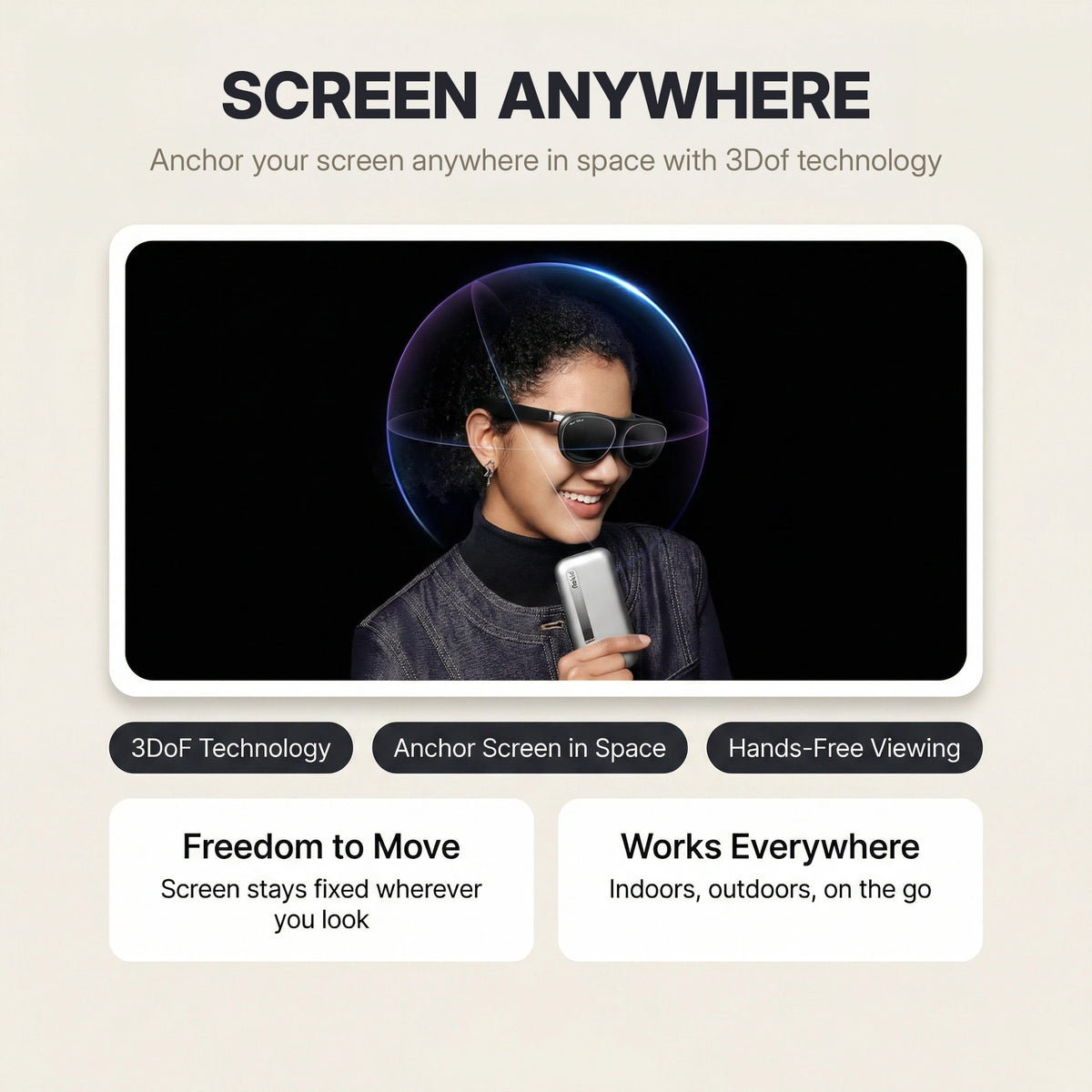 Rokid Station 2 Spatial Computing Hub (3‑Screen AR, Snapdragon 6 Gen 1, 5000mAh) Advertisement for 3Dof technology screen anchor with a person using a smartphone.