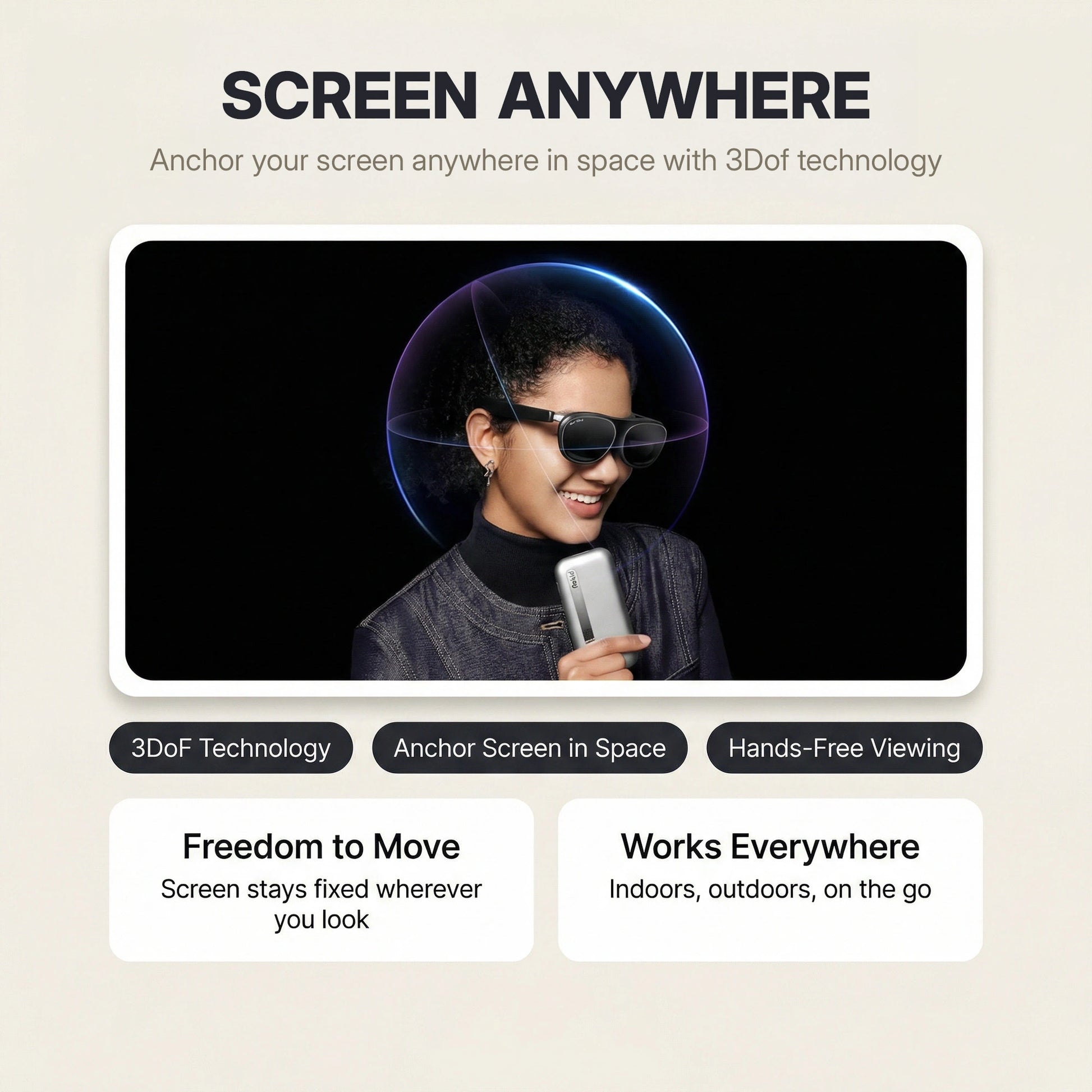 Rokid Station 2 Spatial Computing Hub (3‑Screen AR, Snapdragon 6 Gen 1, 5000mAh) Advertisement for 3Dof technology screen anchor with a person using a smartphone.