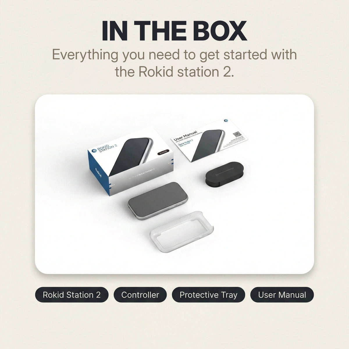 Rokid Station 2 Spatial Computing Hub (3‑Screen AR, Snapdragon 6 Gen 1, 5000mAh) Rokid station 2 packaging with accessories on a beige background