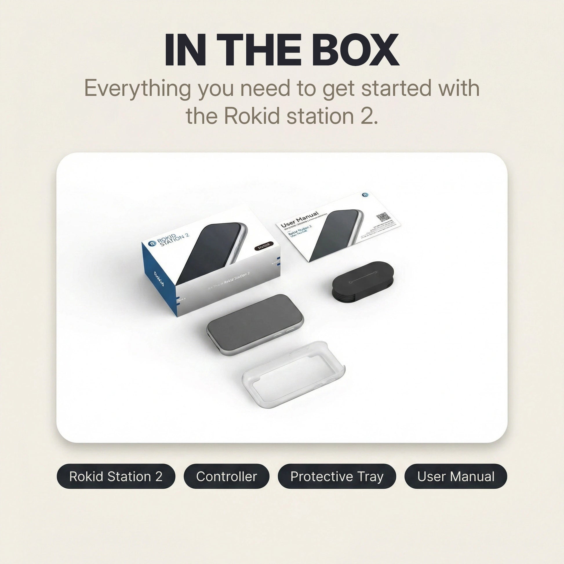 Rokid Station 2 Spatial Computing Hub (3‑Screen AR, Snapdragon 6 Gen 1, 5000mAh) Rokid station 2 packaging with accessories on a beige background