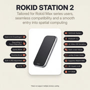 Rokid Station 2 Spatial Computing Hub (3‑Screen AR, Snapdragon 6 Gen 1, 5000mAh) ROKID Station 2 device with features listed on a beige background