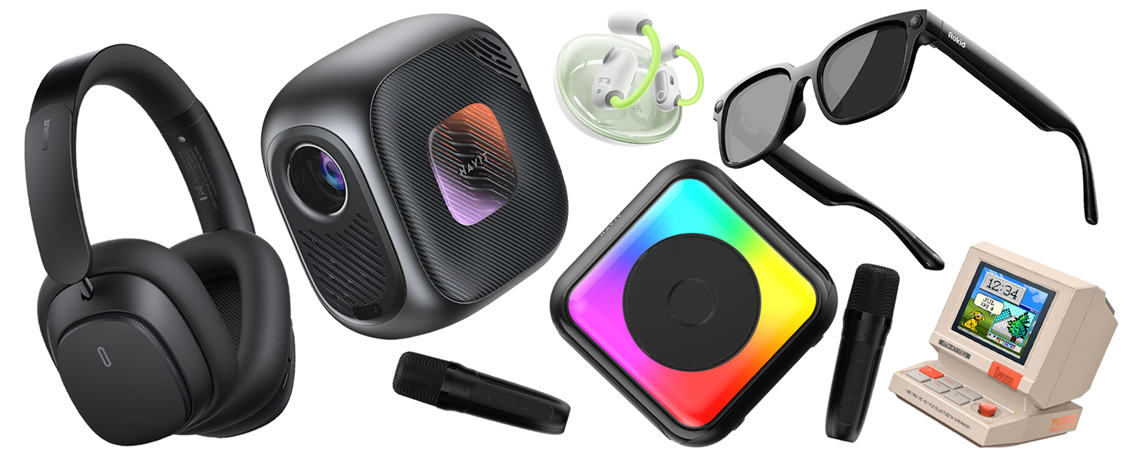 A collage of various consumer electronics on a solid white background, including black over-ear headphones, a black 3D printer, wireless earbuds in a charging case, black sunglasses, a square RGB lighting controller, a small black accessory, and a retro-style beige computer monitor.