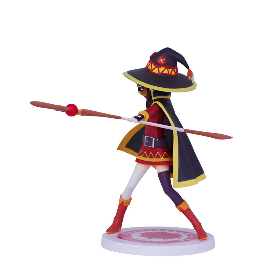 A 27cm tall action figure of the anime character Megumin from KonoSuba, featuring a magical wand and cloak, in an attack stance with a staff and wearing a hat and boots.