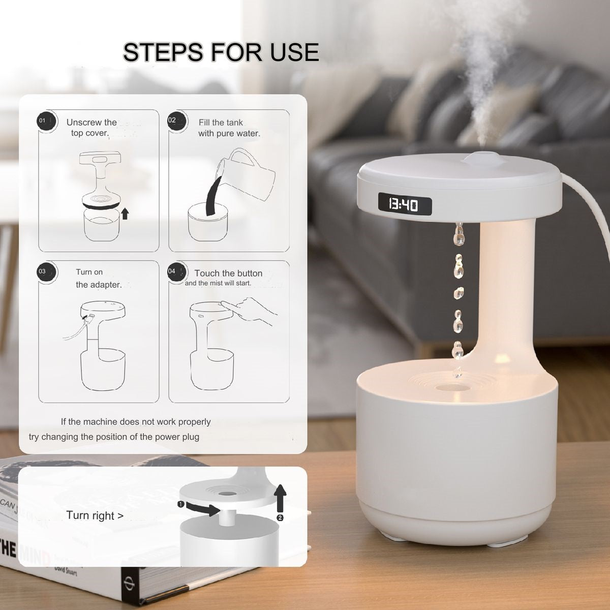 Cooling Mist Humidifier with Anti-Gravity Water Droplet Effect – Unique and Compact 3