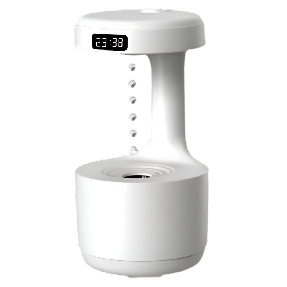 A white LED anti-gravity humidifier clock with a digital LED display screen showing time, featuring a unique design with water droplets seeming to flow upwards.