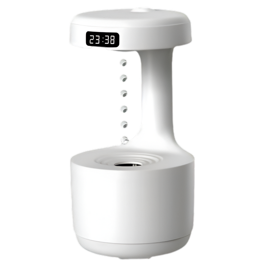 A white LED anti-gravity humidifier clock with a digital LED display screen showing time, featuring a unique design with water droplets seeming to flow upwards.