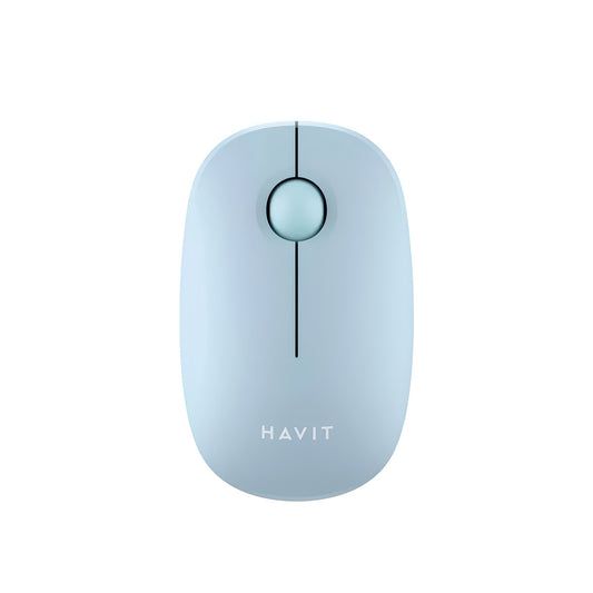 Light blue computer mouse with 'HAVIT' branding on a white background