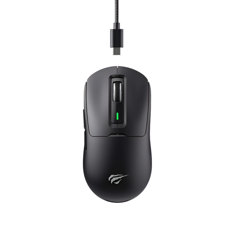 Black gaming mouse with cable on a white background
