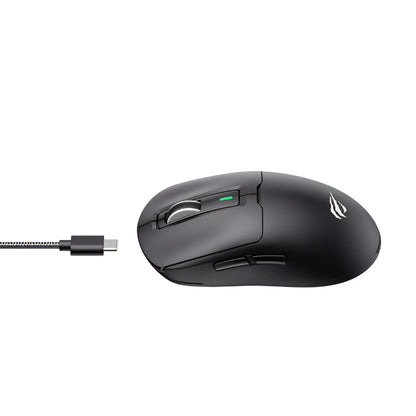 Black gaming mouse with USB cable on a white background