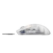 Clear computer mouse with a separate scroll wheel on a white background