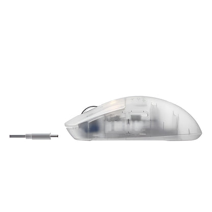 Clear computer mouse with a separate scroll wheel on a white background