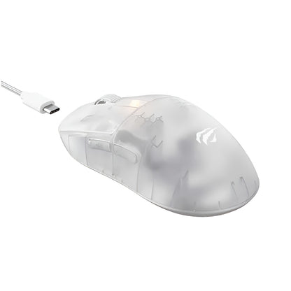 White gaming mouse with USB cable on a white background