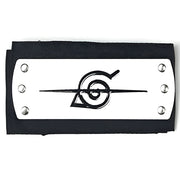 A black and white headband with a Naruto anime series inspired design, featuring a stylized leaf symbol.