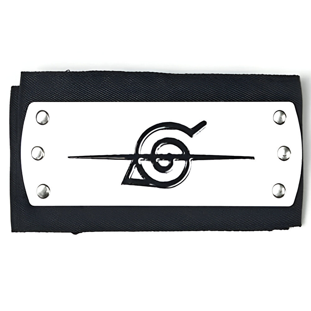 A black and white headband with a Naruto anime series inspired design, featuring a stylized leaf symbol.