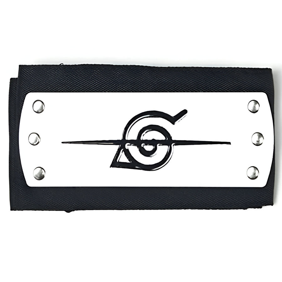 A black and white headband with a Naruto anime series inspired design, featuring a stylized leaf symbol.