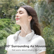 Jisulife Life3 Bladeless Neck Fan 4000mAh Hands-Free Cooling Woman wearing a white device with text '360° Surrounding Air Movement' in an outdoor setting.