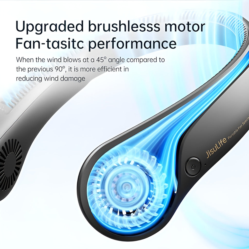 Hair dryer with blue airflow illustration and text about upgraded brushless motor performance