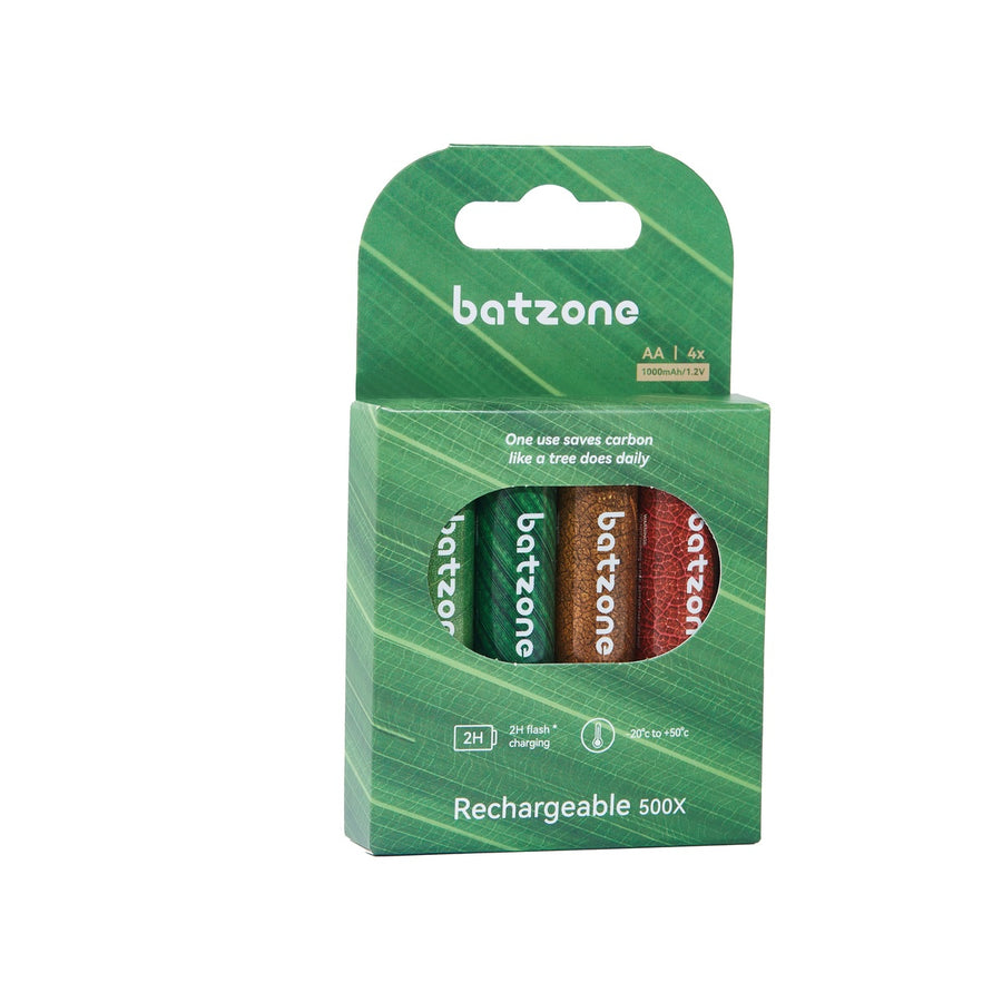 Packaging of batzone rechargeable batteries on a white background
