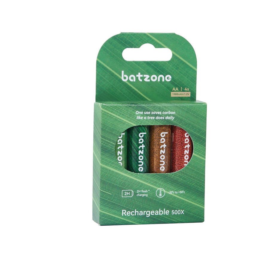 batzone Ni-MH 2.0 Rechargeable Battery AAA 800mAh (4Pcs), Batzone rechargeable batteries packaging on a white background