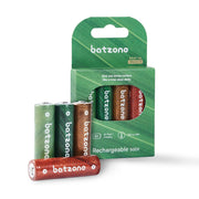 Batzone rechargeable AA batteries in a green retail box, with several batteries displayed in front on a clean white background.