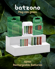 batzone Ni-MH 2.0 Rechargeable Battery AA 2500 (4Pcs)Batzone rechargeable batteries displayed on a stand with green leaves in the background 