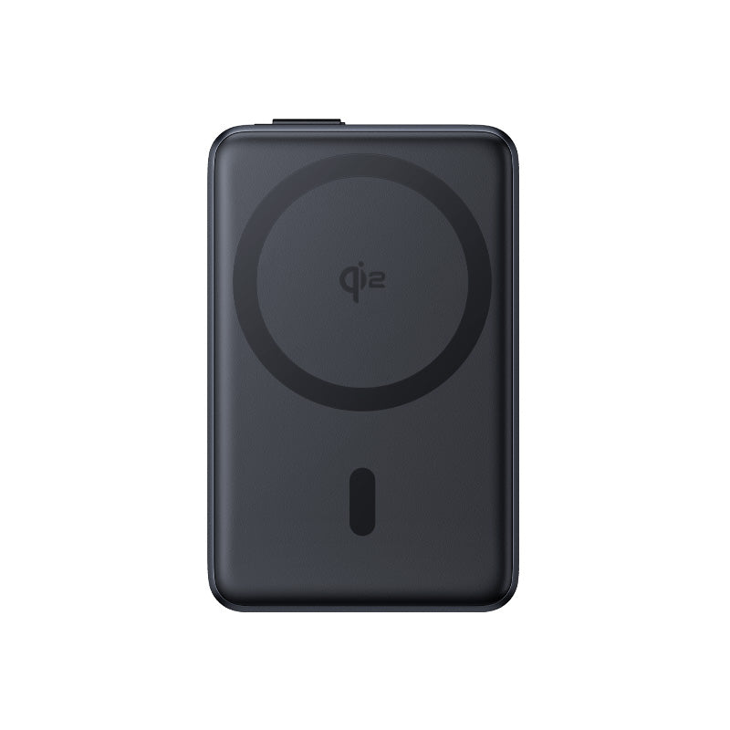 Black Nomos Qi2 Kickstand Power Bank On White Background Forward Facing