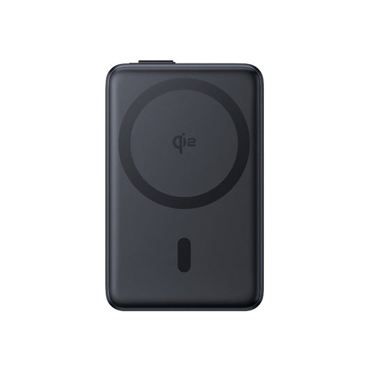 Black Nomos Qi2 Kickstand Power Bank On White Background Forward Facing