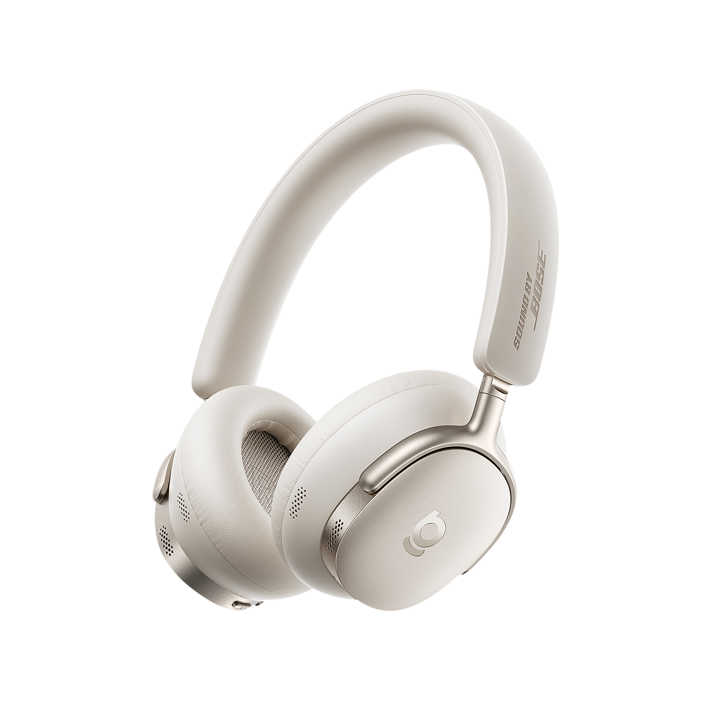 White headphones with brand logo on a white background