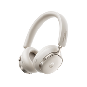 White headphones with brand logo on a white background