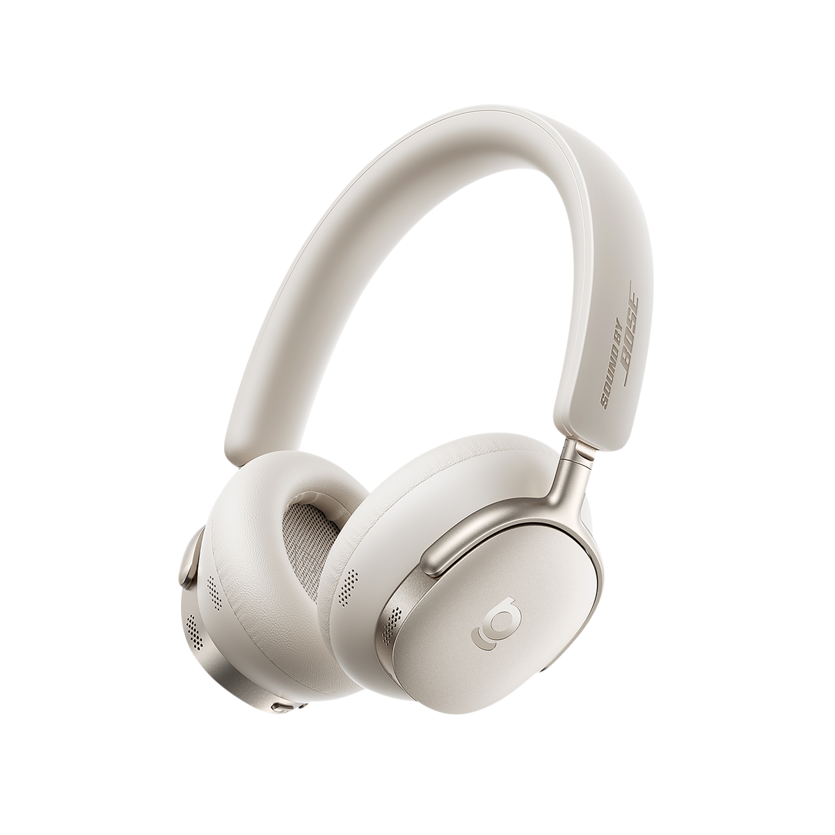 White headphones with brand logo on a white background