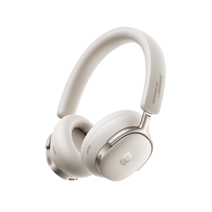 White headphones with brand logo on a white background