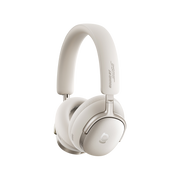 White headphones with brand logo on a white background