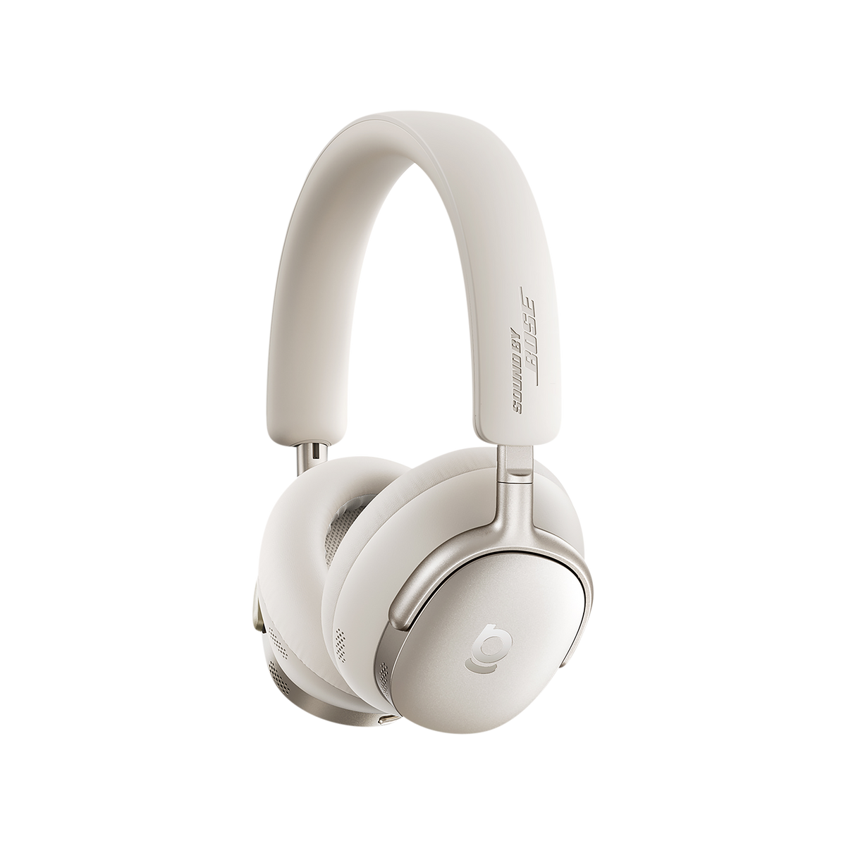 White headphones with brand logo on a white background