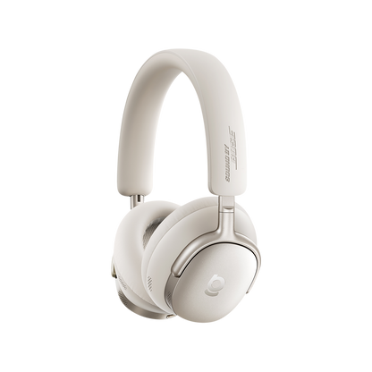 White headphones with brand logo on a white background