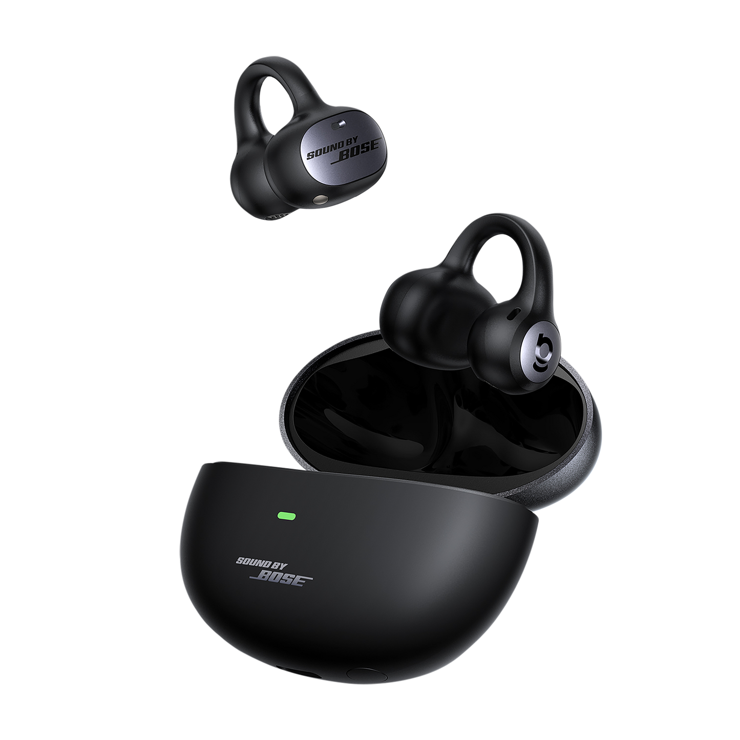 Black wireless earbuds with charging case on a white background, featuring Bose branding.